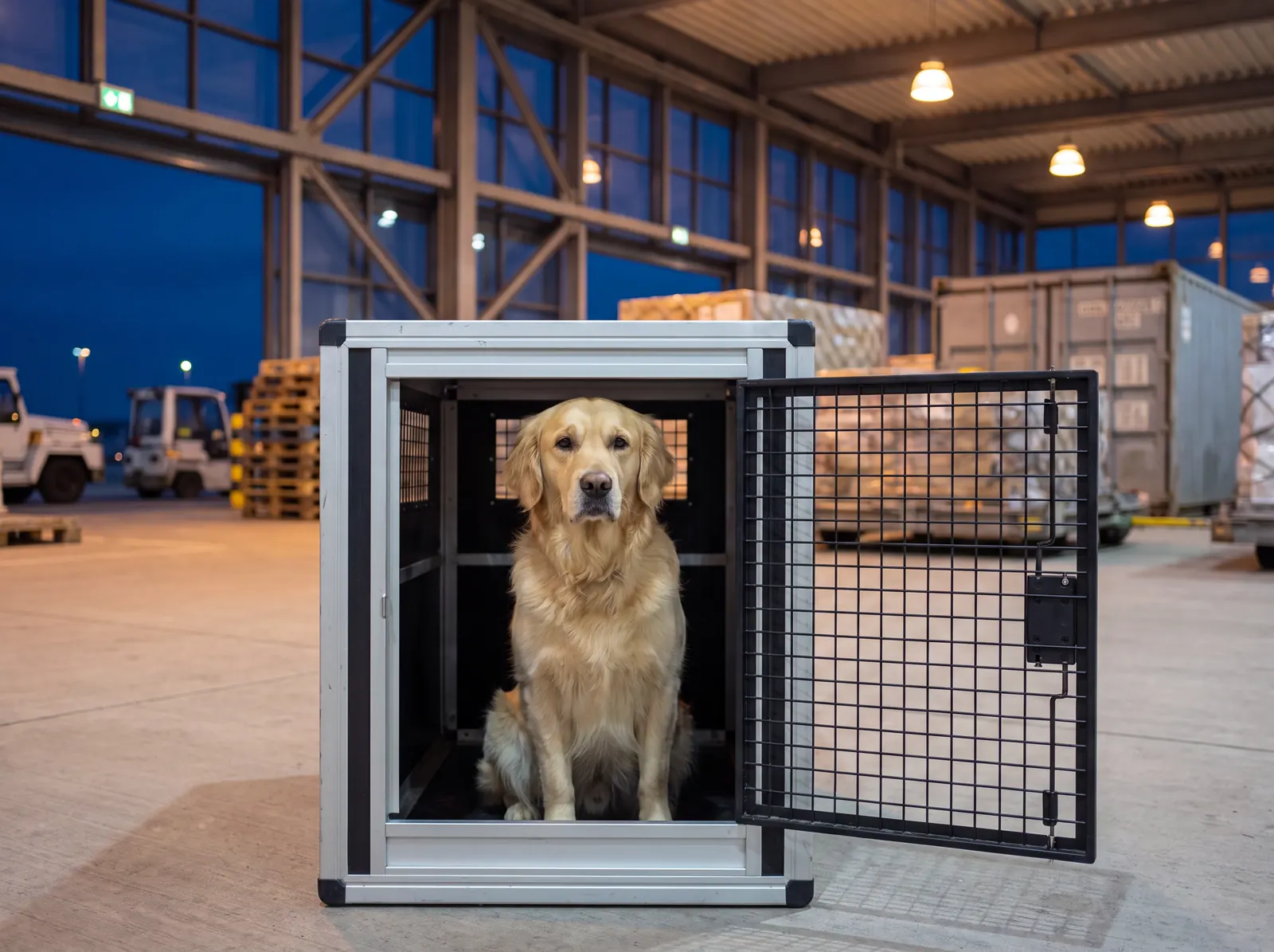 Pet Travel — caixa IATA num terminal de carga